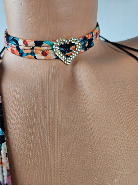 Floral Print String Back Monokini w/ Matching Choker
