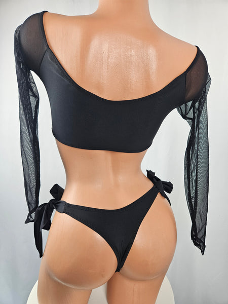 Black Long Sleeve Thong Bikini
