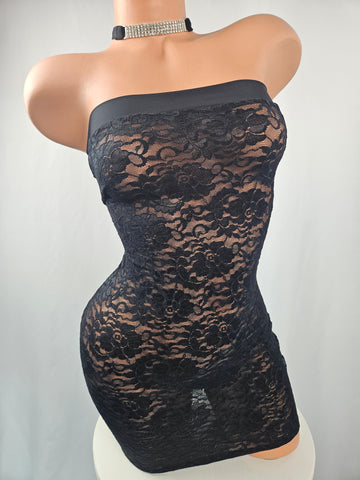 Black Lace Strapless Mini Dress w/ Matching Choker