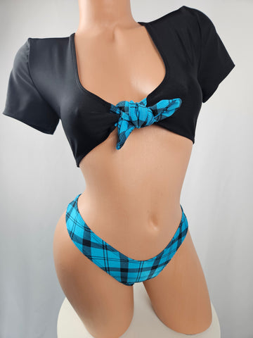School Girl Low Cut Plaid Thong Bikini Outfit
