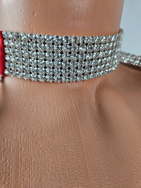 Red Rhinestone Choker Drape Cowl Gown (S/M)