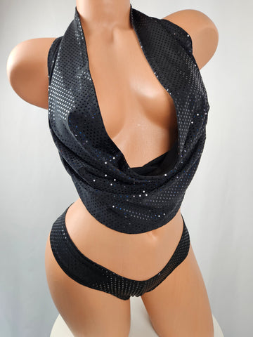 Black Sequined Cowl Drape Top Scrunch Butt Short Set