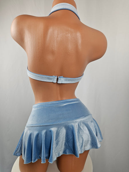 Baby Blue Velvet Skirt Set w/ Lace Top