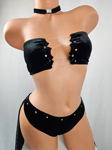 Black Velvet Thong Bikini w/ Long Mesh Train