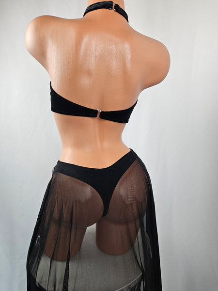 Black Velvet Thong Bikini w/ Long Mesh Train