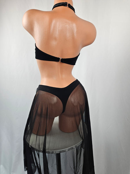 Black Velvet Thong Bikini w/ Long Mesh Train