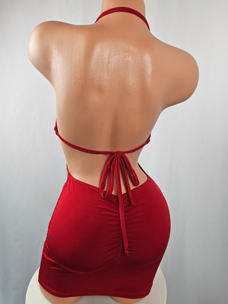 Red Lace Drawstring Mini Dress