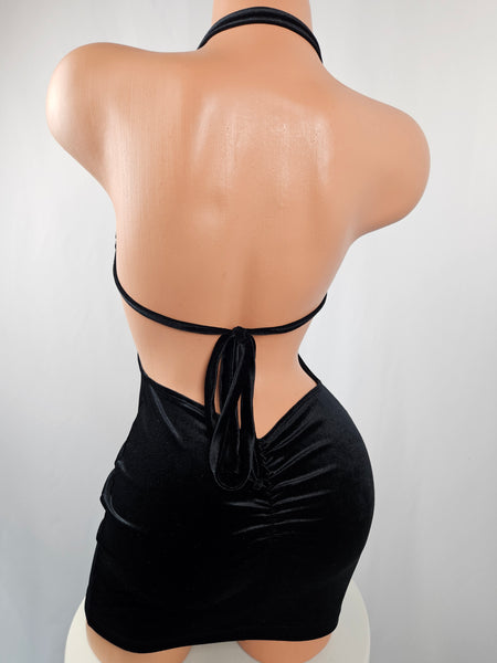Black Velvet Drawstring Mini Dress