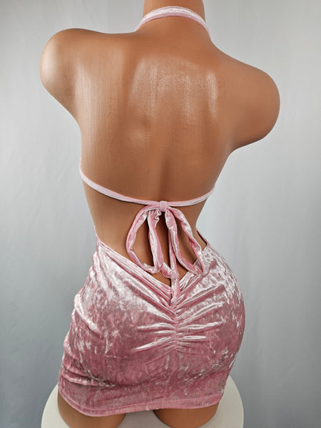 Pink Crushed Velvet Drawstring Mini Dress