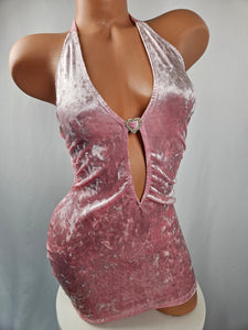 Pink Crushed Velvet Halter Mini Dress