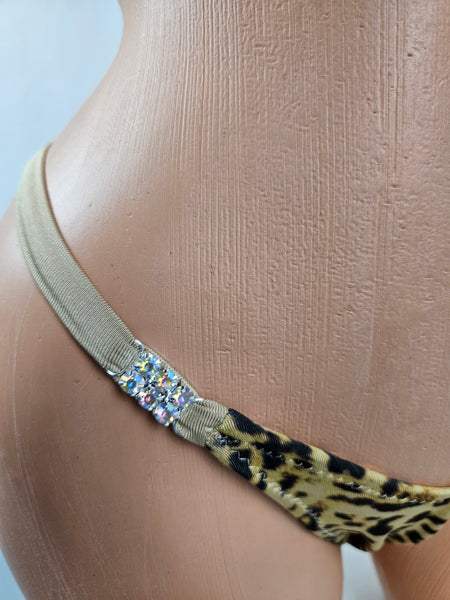 Animal Print Rhinestone Thong Bikini