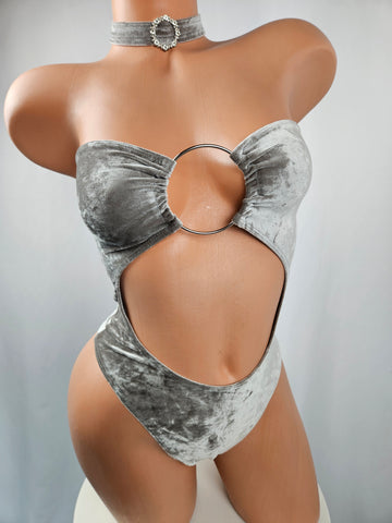 Strapless Crushed Velvet Lace Up Thong Back Romper