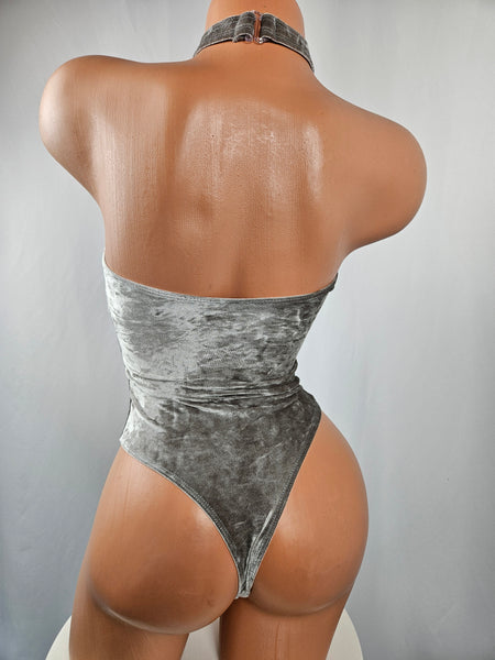 Strapless Crushed Velvet Lace Up Thong Back Romper