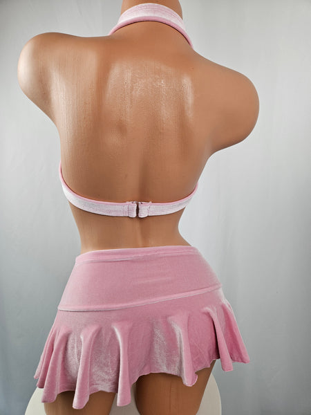Pink Velvet Skirt Set w/ Lace Top