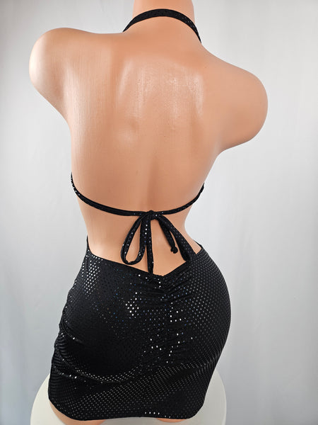 Black Sequined Drawstring Mini Dress