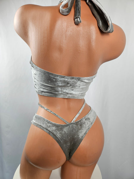 Silver Crushed Velvet Wrap Top & Thong Bikini