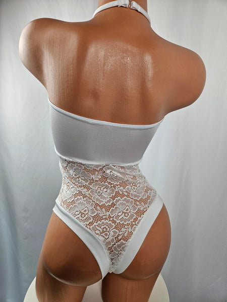 White Lace Strapless Thong Back Romper w/ Matching Choker