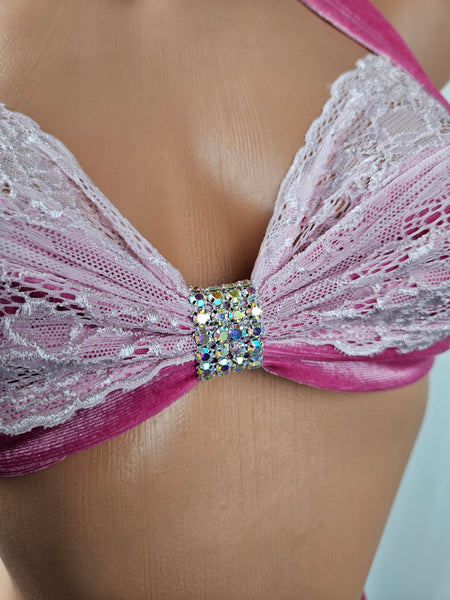 Velvet Thong Bikini w/ Lace Detail