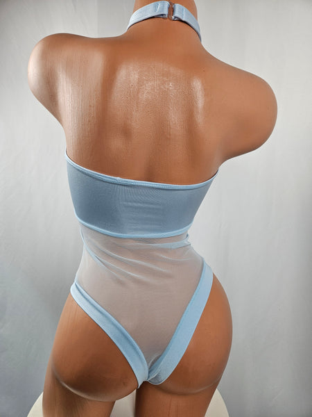 Baby Blue Mesh Strapless Thong Back Romper w/ Matching Choker