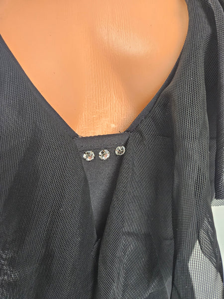 Black Asymmetrical Mini Dress w/ Mesh Ruffle Trim