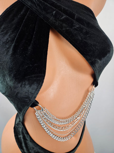 Black Crushed Velvet Wrap Top Romper w/ Chain Detail