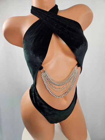 Black Crushed Velvet Wrap Top Romper w/ Chain Detail