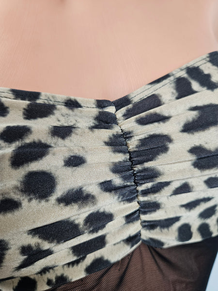 Animal Print & Black Mesh Strapless Thong Back Romper w/ Matching Choker