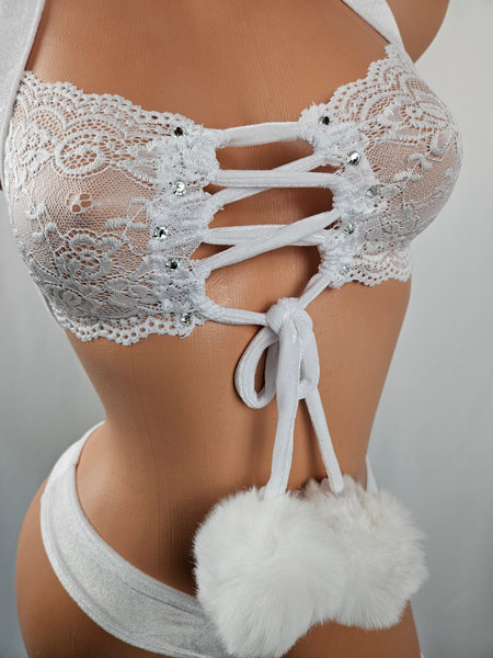 White Velvet Lace Up Top Thong Bikini w/ Pom Poms