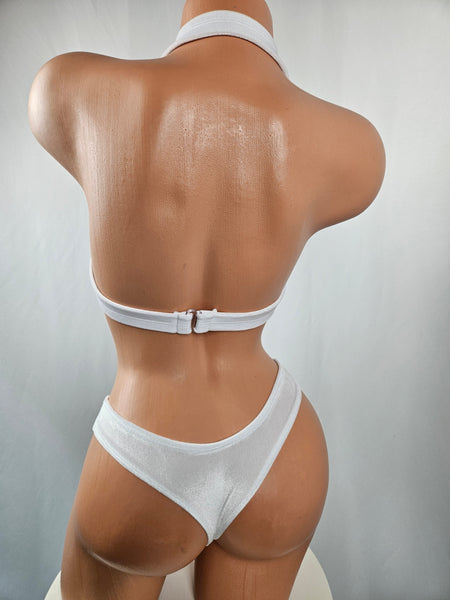 White Velvet Lace Up Top Thong Bikini w/ Pom Poms