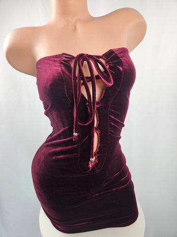Strapless Lace Up Velvet Mini Dress