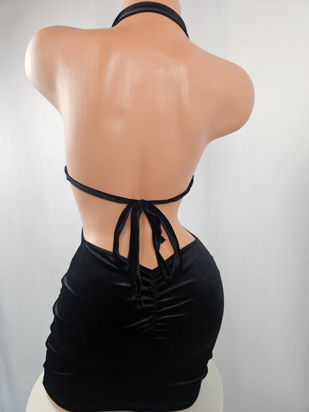 Black Velvet Drawstring Mini Dress