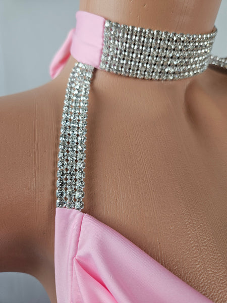 Rhinestone Choker Drape Cowl Mini Dress (Small)