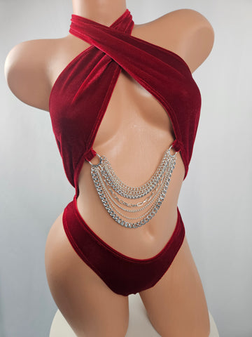 Red Velvet Wrap Top Romper w/ Chain Detail