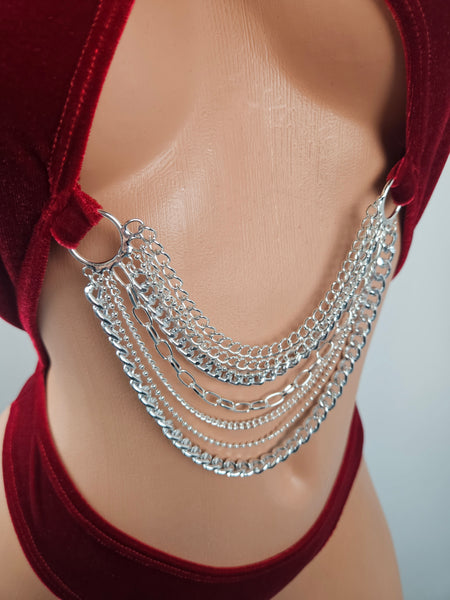 Red Velvet Wrap Top Romper w/ Chain Detail