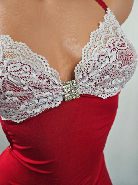 Red & White Lace Drawstring Mini Dress