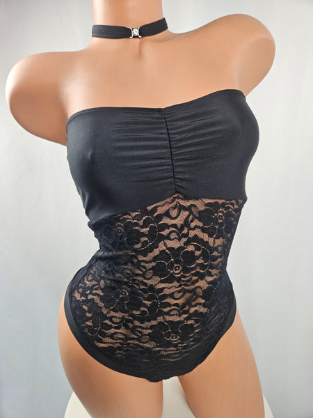 Black Lace Strapless Thong Back Romper w/ Matching Choker