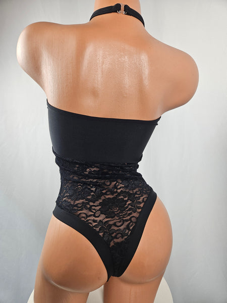 Black Lace Strapless Thong Back Romper w/ Matching Choker