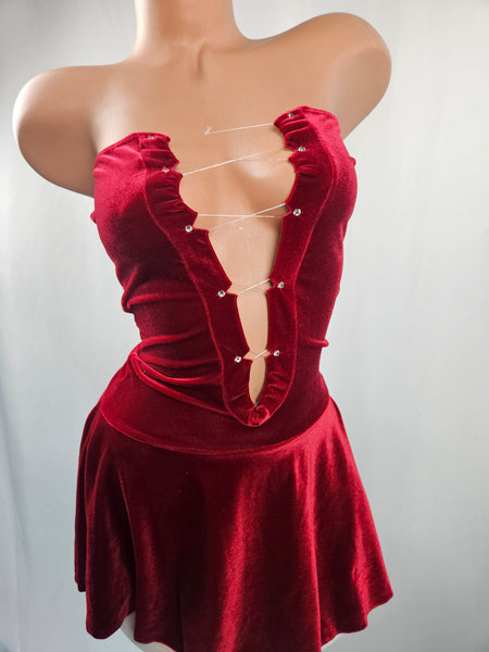 Red Velvet Lace Up Strapless Mini Dress