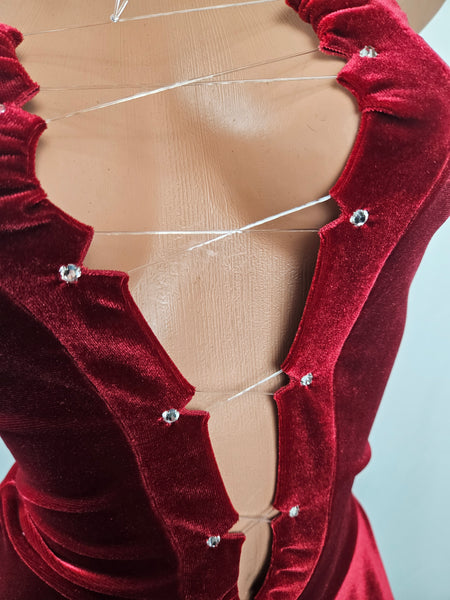 Red Velvet Lace Up Strapless Mini Dress