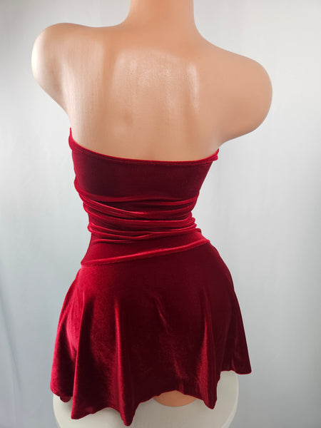 Red Velvet Lace Up Strapless Mini Dress