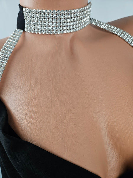 Cowl Drape Rhinestone Choker Romper