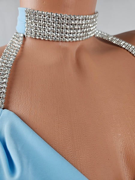 Baby Blue Rhinestone Choker Drape Cowl Gown (S/M)
