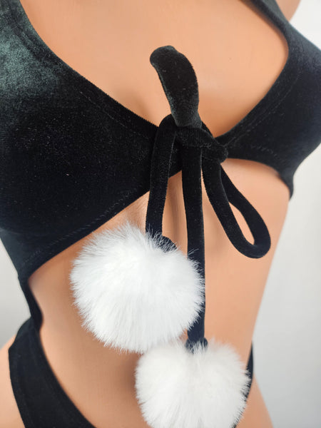 Black Velvet Tie Front Monokini w/ Pom Poms