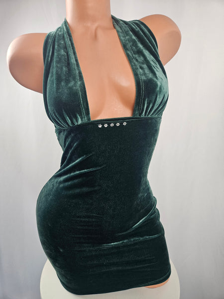 Crushed Green Velvet Halter Dress