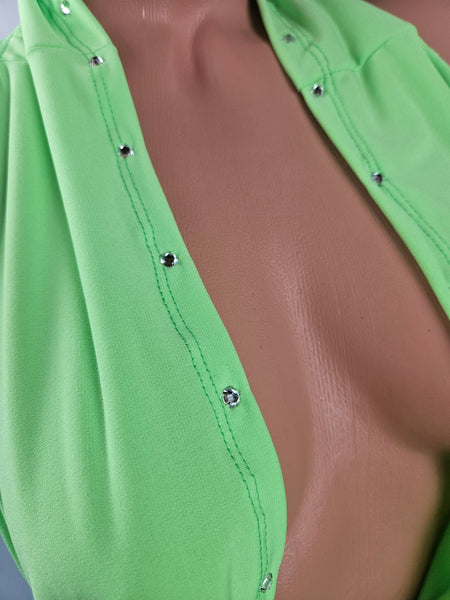 Neon Green Draped Cowl Gown w/ Rhinestones