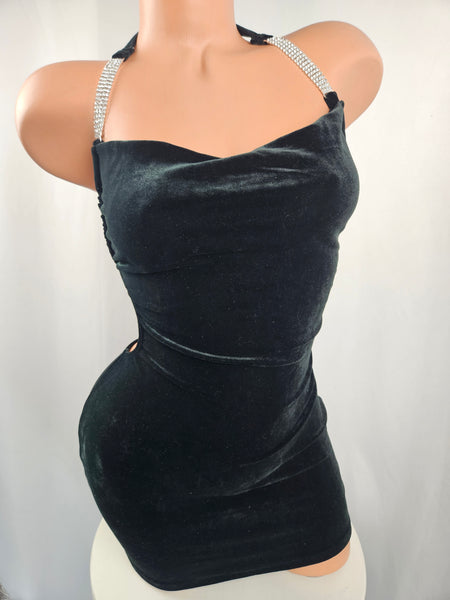 Black Velvet Mini Dress w/ Rhinestone Accents
