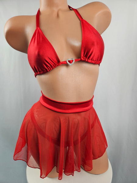 Red Thong Bikini w/ Mesh Skirt Set
