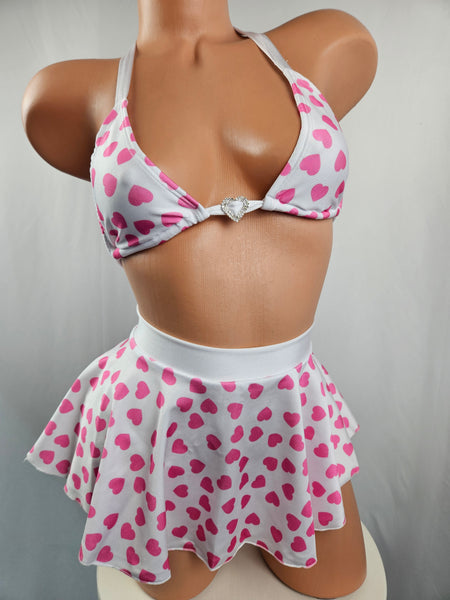 3 Piece Heart Print Skirt Set