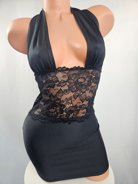 Black Halter Mini Dress w/ Lace Panel