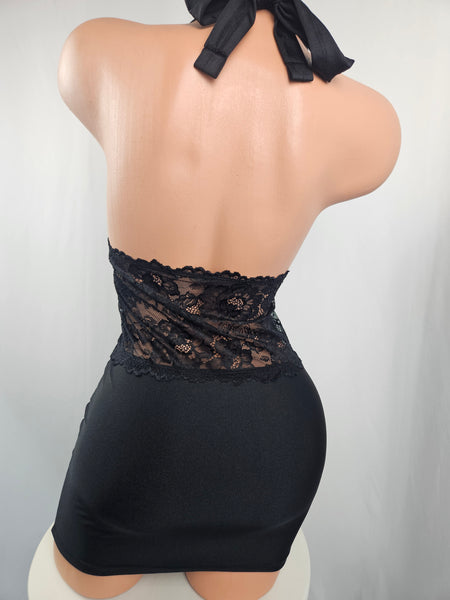 Black Halter Mini Dress w/ Lace Panel
